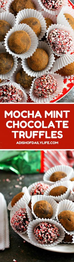 Rich and creamy, these Mocha Mint Chocolate Truffles are an easy-to-make decadent treat for the holidays! They make a wonderful hostess gift as well! 