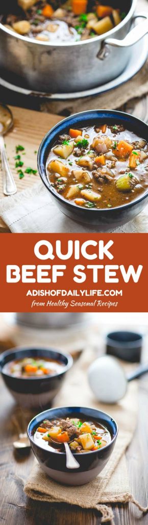 Quick Beef Stew...this stove-top version features lean ground beef, is naturally gluten free, full of rich flavor and only takes 45 minutes to make! It's a comfort food dish the whole family will love!