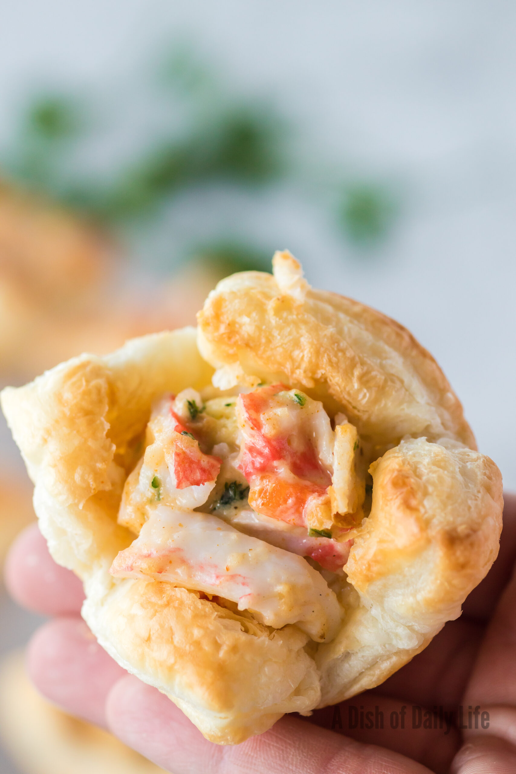 close up of a hand holding a crab puff appetizer.