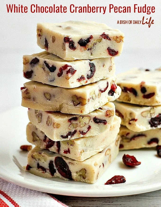 Easy to make White Chocolate Cranberry Pecan Fudge, with a hint of holiday spices, perfect for holiday entertaining and gift-giving!