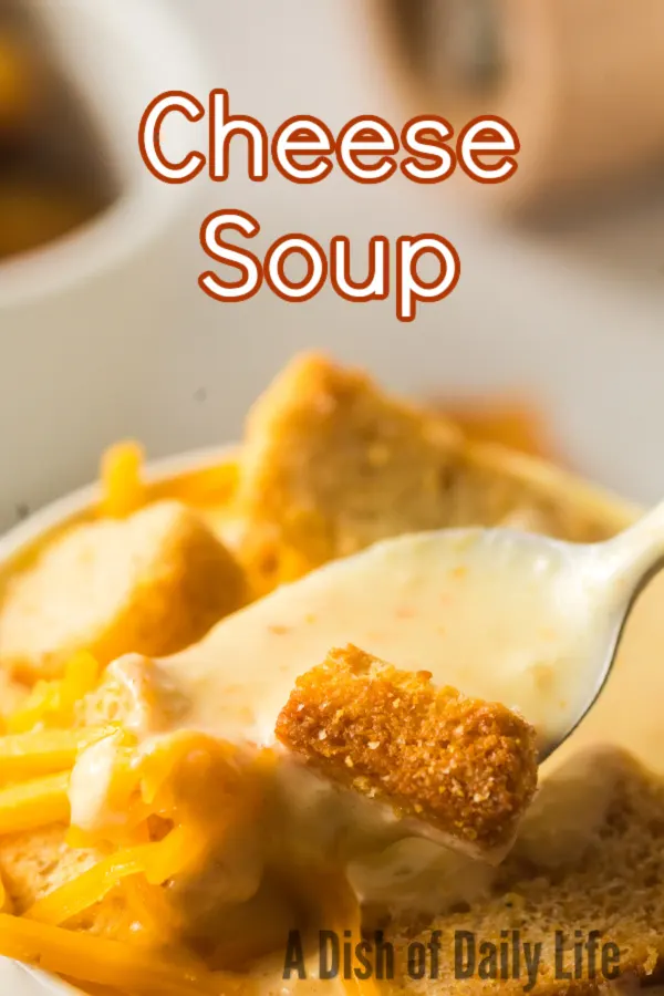 Main image for cheese soup recipe. soup is in bowl with a spoon.