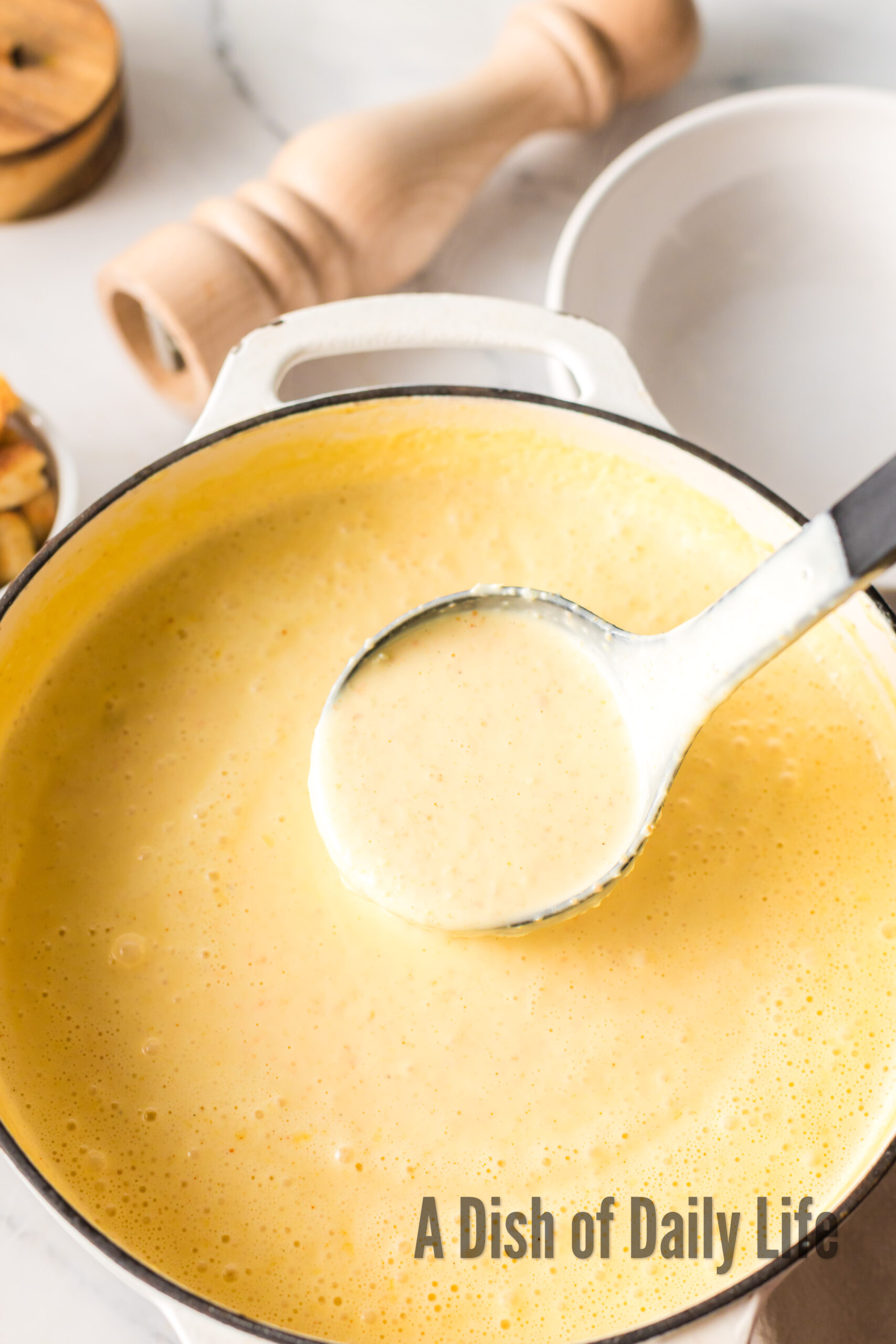 Ladle scooping soup out of pot.