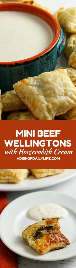 These Mini Beef Wellingtons with Horseradish Cream are an elegant appetizer, perfect for special occasions! Your game day crowd will love them too though!