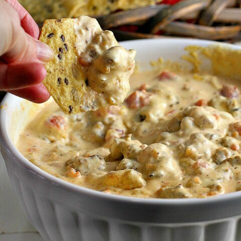 This Crock Pot Sausage Cheese Dip is an easy-to-make crowd pleaser for game day! Only minutes of prep work, then throw all your ingredients in the slow cooker for an hour. Great with chips and veggies!