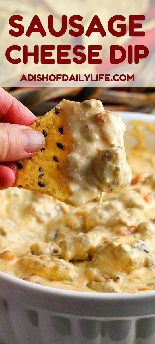 This Crock Pot Sausage Cheese Dip is an easy-to-make crowd pleaser for game day! Only minutes of prep work, then throw all your ingredients in the slow cooker for an hour. Great with chips and veggies!