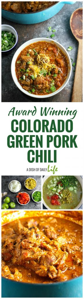 This Award Winning Colorado Green Pork Chili is delicious and comforting, packed with flavor and tender chunks of pork! It's perfect for a chilly evening or game day. You need this chili recipe in your life!