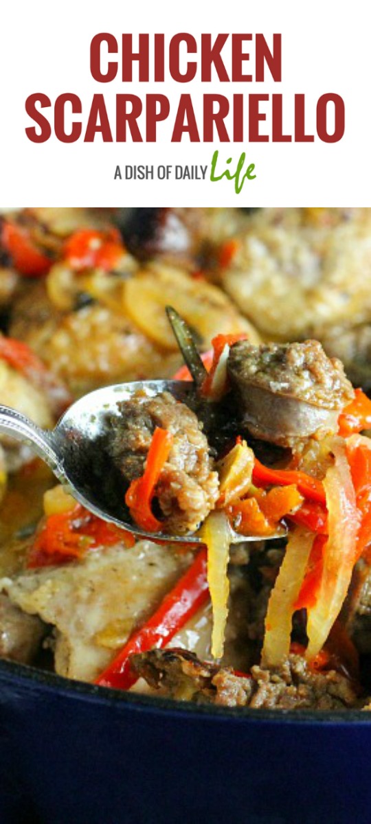 Chicken Scarpariello...a flavor packed sweet and sour chicken and sausage dish with Peppadews and red bell peppers!