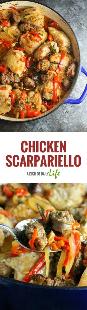 Chicken Scarpariello...a flavor packed sweet and sour chicken and sausage dish with Peppadews and red bell peppers!