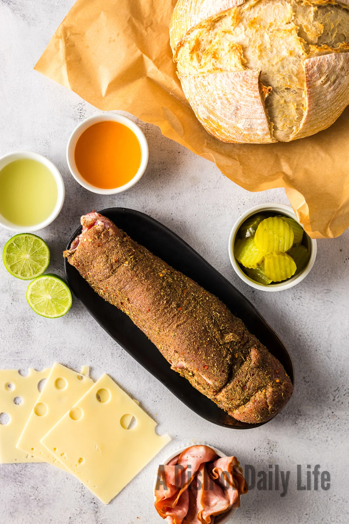 Spices rubbed all over pork loin before cooking.