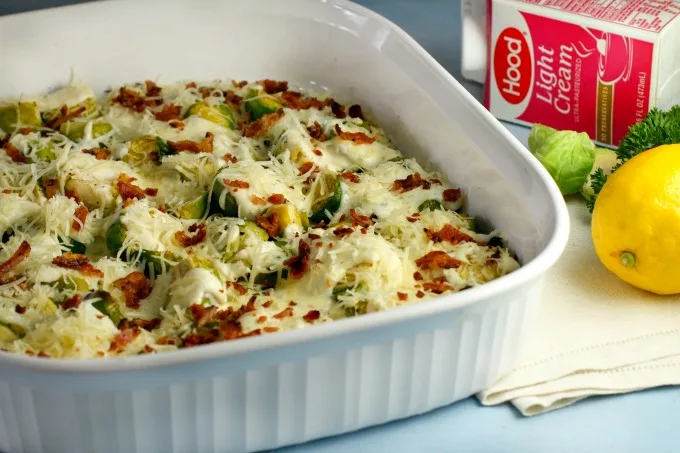 Brussels Sprouts Gratin with bacon...roasted brussels sprouts are paired with a rich cheesy cream sauce, perfect for any holiday occasion! Side dishes | Easter | Thanksgiving | Christmas | Holiday side dishes