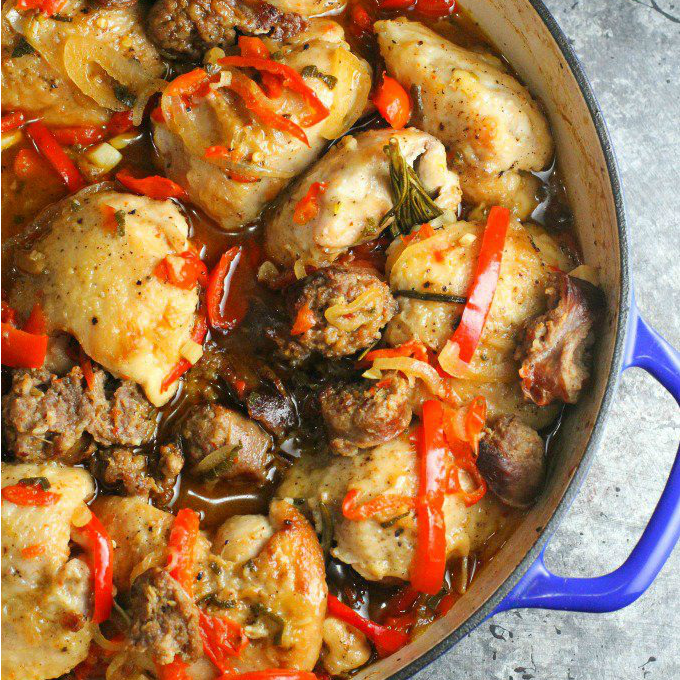 Chicken Scarpariello...a flavor packed sweet and sour chicken and sausage dish with Peppadews and red bell peppers!