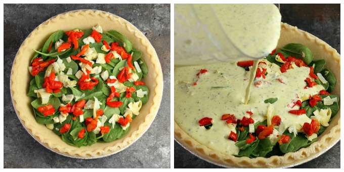 Simple, easy and delicious, this Spinach Quiche with Artichokes and Roasted Red Peppers is perfect for an every day breakfast or holiday brunch. Serve with a side of fruit or salad.