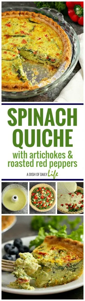 Simple, easy and delicious, this Spinach Quiche with Artichokes and Roasted Red Peppers is perfect for an every day breakfast or holiday brunch. Serve with a side of fruit or salad.