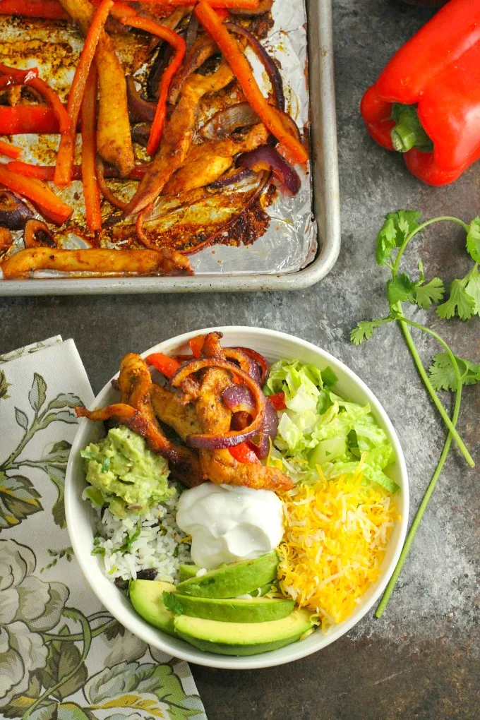 Chicken Fajita Bowls made with Sheet Pan Fajitas...healthy, easy and delicious!