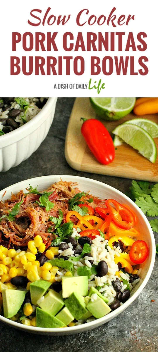 Slow Cooker Pork Carnitas Burrito Bowls - Black bean cilantro lime rice topped with flavorful slow cooker pork carnitas and your favorite toppings for a delicious (and healthy) dinner! Perfect for Mexican night or Cinco de Mayo!