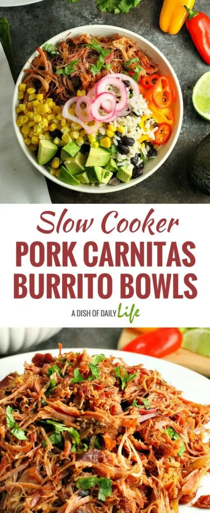 Slow Cooker Pork Carnitas Burrito Bowls...black bean cilantro lime rice is topped with flavorful slow cooker pork carnitas and your favorite toppings for a mouthwatering (and healthy) dinner!