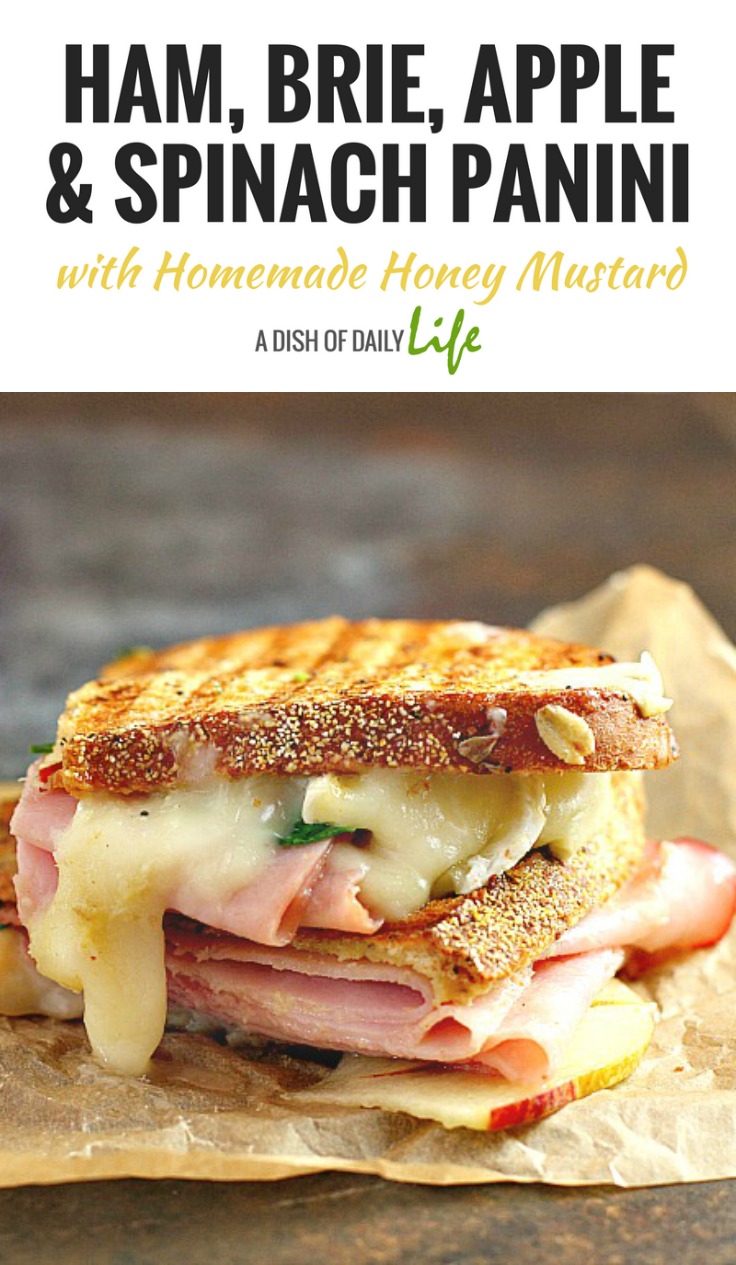 This Ham, Brie, Apple and Spinach Panini with Homemade Honey Mustard is a delicious combination of flavors for gourmet sandwich lovers everywhere! Plus it's a great way to use up leftover Easter ham!