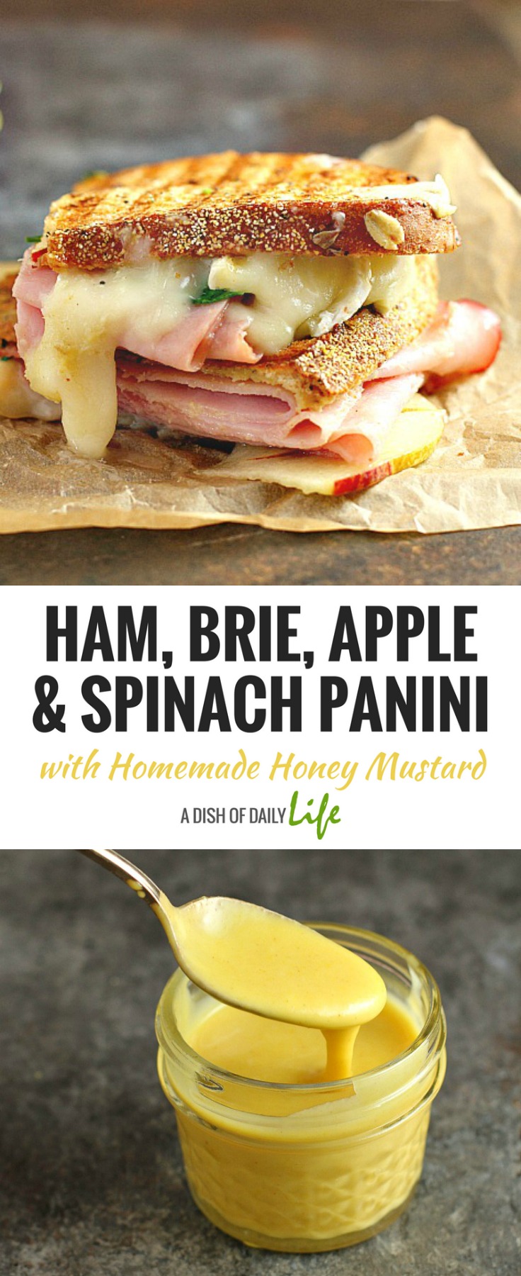 This Ham, Brie, Apple and Spinach Panini with Homemade Honey Mustard is a delicious combination of flavors for gourmet sandwich lovers everywhere! Plus it's a great way to use up leftover Easter ham!