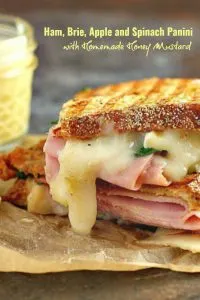 This Ham, Brie, Apple and Spinach Panini with Homemade Honey Mustard is a delicious combination of flavors for gourmet sandwich lovers everywhere! Plus it&rsquo;s a great way to use up leftover Easter ham! #leftoverham #Easter #panini #sandwich #ham