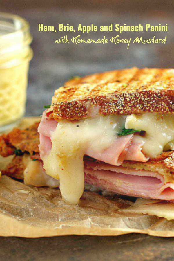 This Ham, Brie, Apple and Spinach Panini with Homemade Honey Mustard is a delicious combination of flavors for gourmet sandwich lovers everywhere! Plus it’s a great way to use up leftover Easter ham! #leftoverham #Easter #panini #sandwich #ham