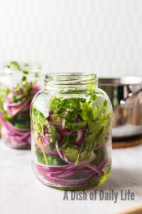 Onions, jalapenos and cilantro added to a jar.