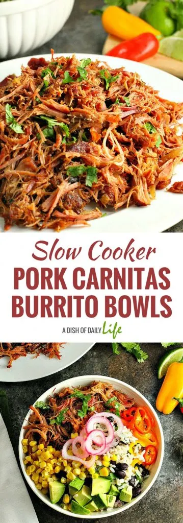 Add a new twist to Mexican night with these Slow Cooker Pork Carnitas Burrito Bowls! Black bean cilantro lime rice is topped with flavorful slow cooker pork carnitas and your favorite toppings for a delicious (and healthy) dinner! Mexican | Carnitas | Pork | Easy Recipes | Tex-Mex 