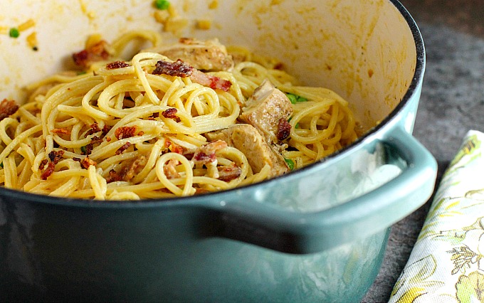 Chicken Carbonara Pasta...easy comfort food recipe the whole family will love! You can use leftover grilled chicken as well.