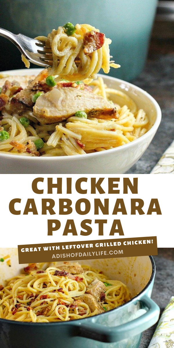 CHICKEN CARBONARA PASTA...easy comfort food the whole family will love! And it's a great way to use up leftover grilled chicken too!