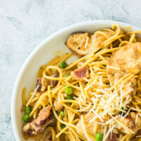 zoomed in image of pasta in bowl ready to eat