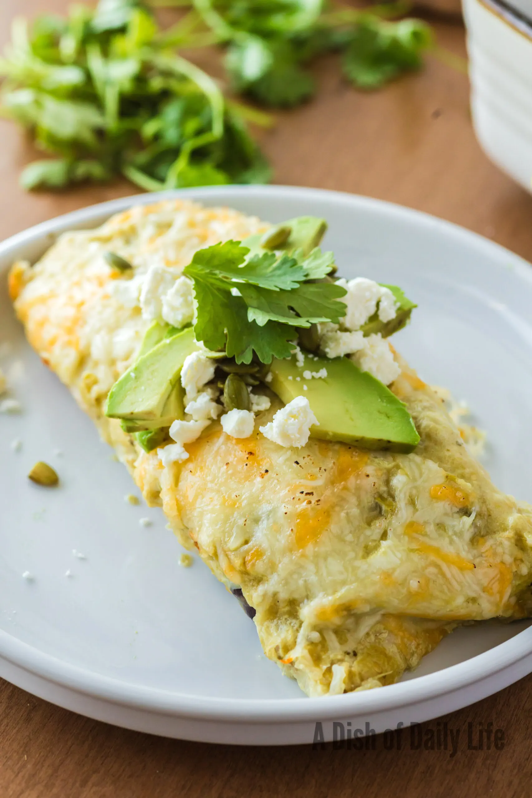 Two enchiladas on plate with toppings of cheese, avocados and cilantro