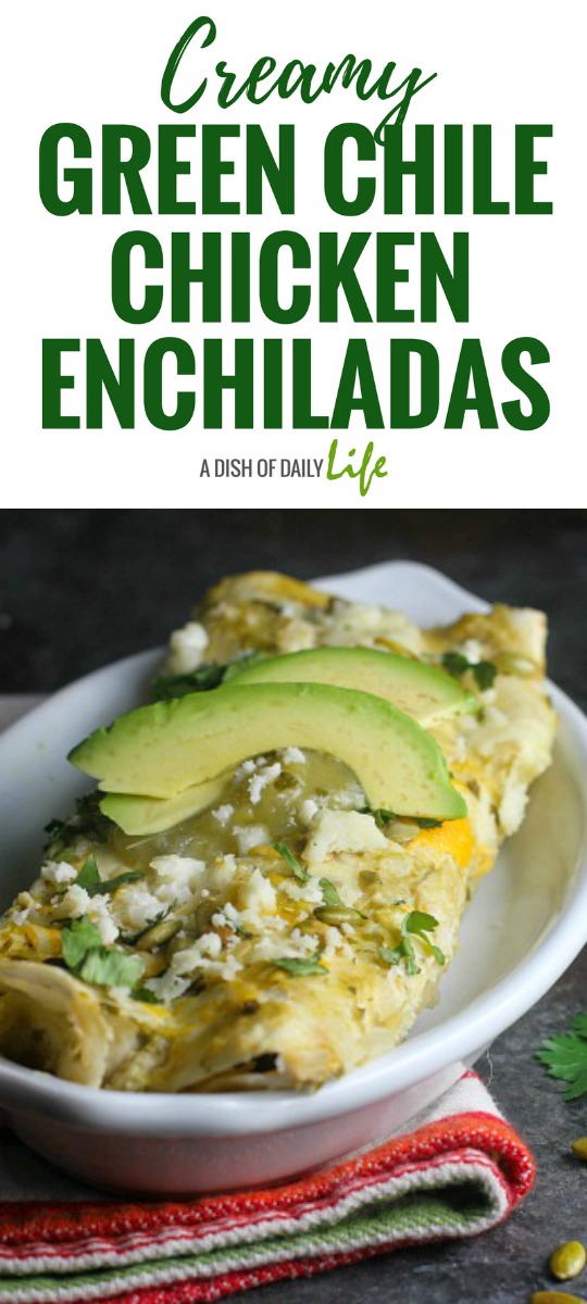 Love sour cream enchiladas? Replace the sour cream with Greek yogurt in these delicious Creamy Green Chile Chicken Enchiladas for a healthier version. You'll never notice the difference! 