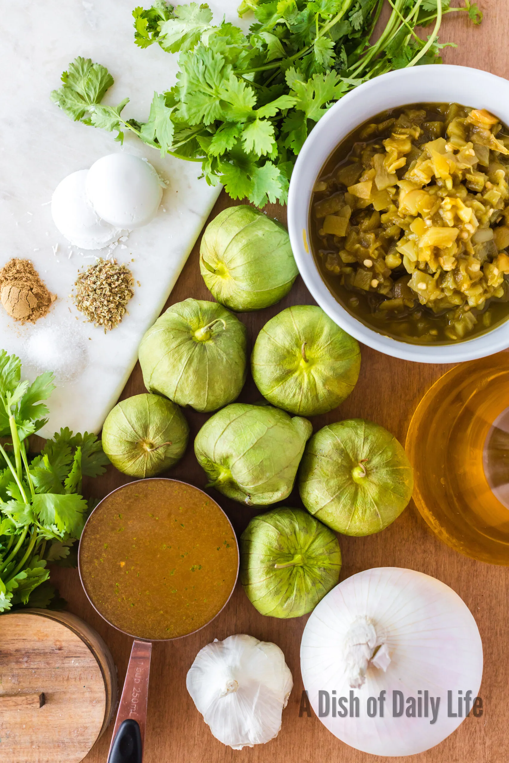 All ingredients laid out on counter for Green Chile Sauce