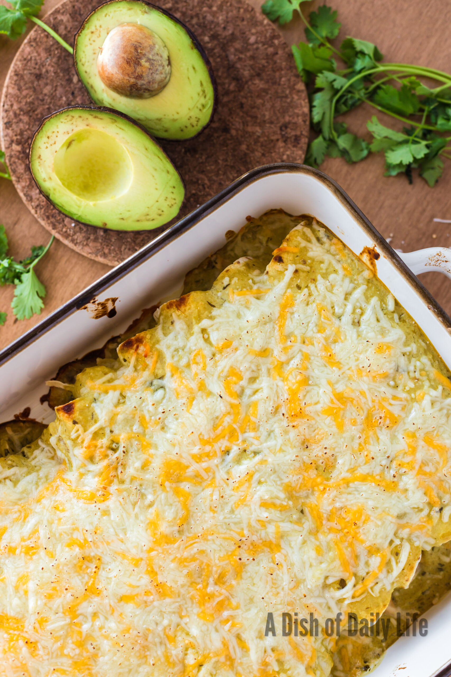 Baked Green Chile Enchiladas in pan.