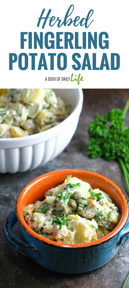 Add a gourmet twist to the traditional potato salad with this Herbed Fingerling Potato Salad! Rice vinegar, fresh herbs and capers give this potato salad a grownup taste!