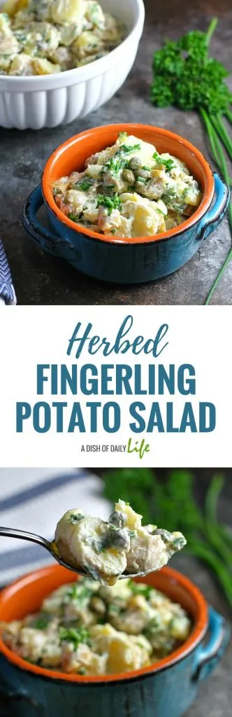 Herbed Fingerling Potato Salad is a grownup gourmet version of the traditional potato salad. Rice vinegar, fresh herbs, and capers add a elegant twist to this potluck favorite!