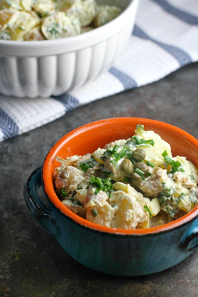 Herbed Fingerling Potato Salad is a grownup gourmet version of the traditional potato salad! Perfect complement to grilled steaks, tenderloin or ribs!