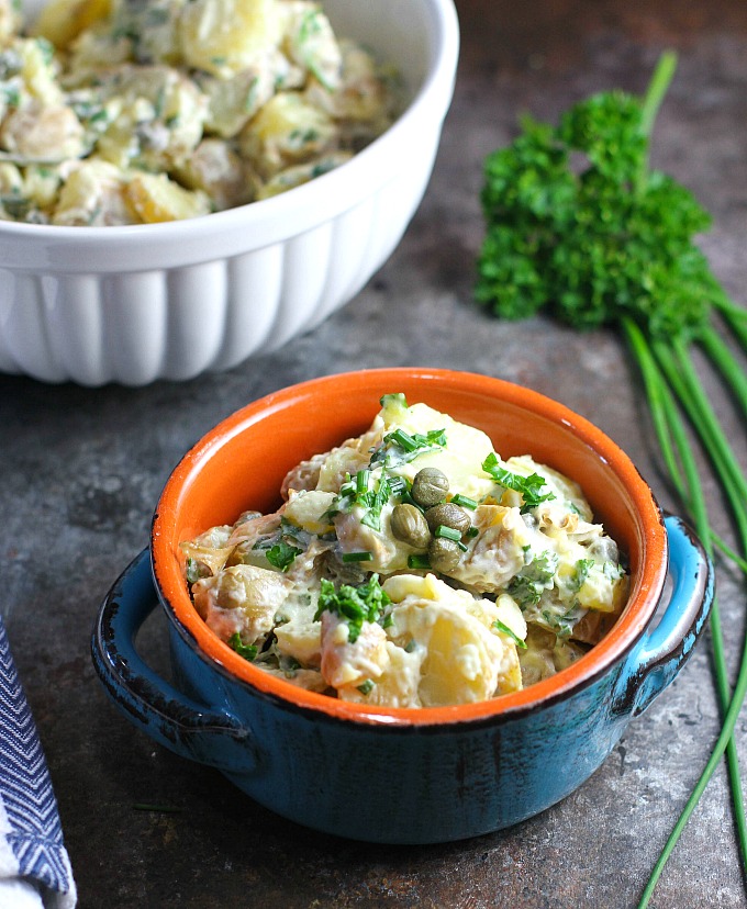 Herbed Fingerling Potato Salad...rice vinegar, fresh herbs, and capers add a elegant twist to this potluck favorite!