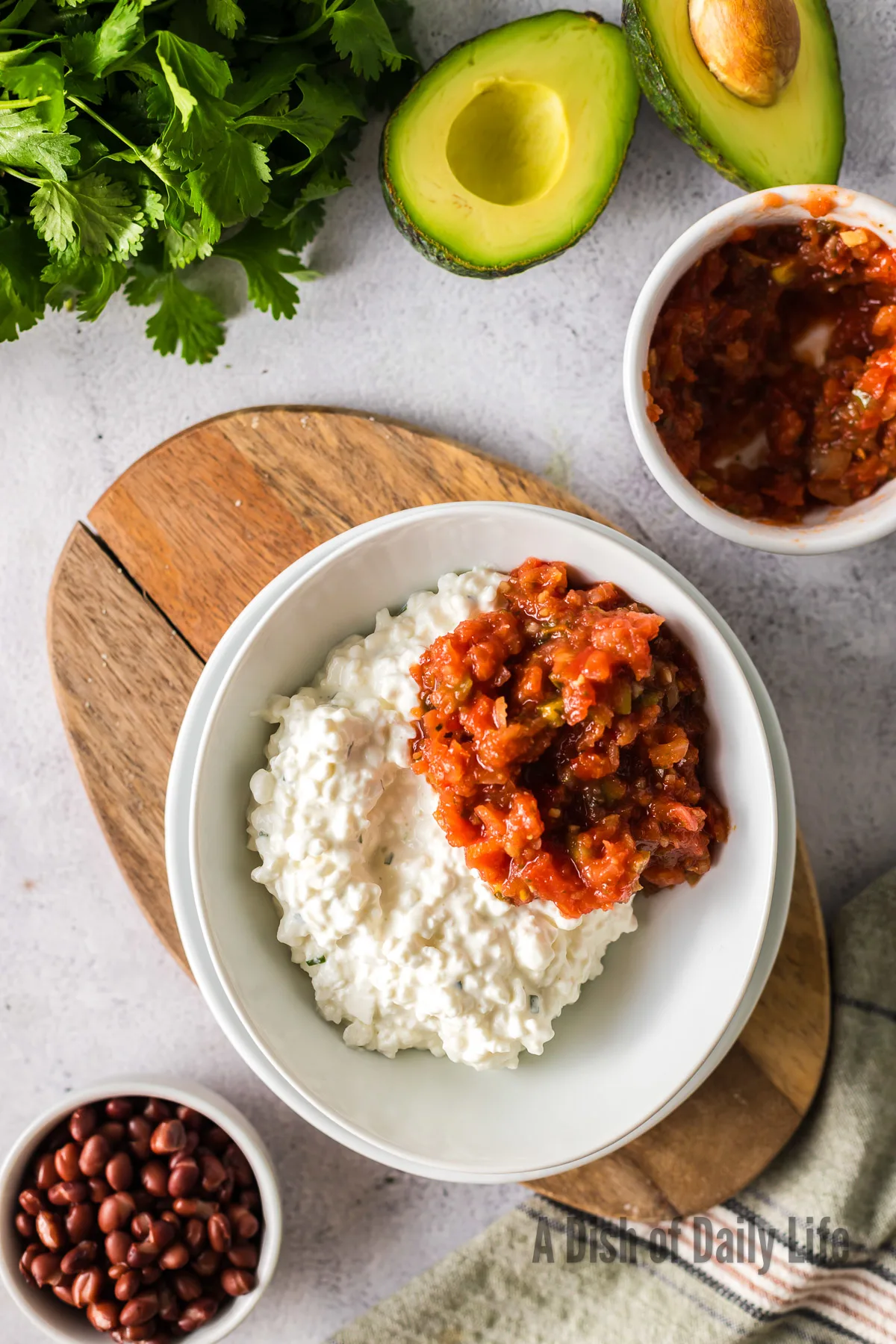 Cottage cheese in a bowl with 3/4 cup of salsa on top