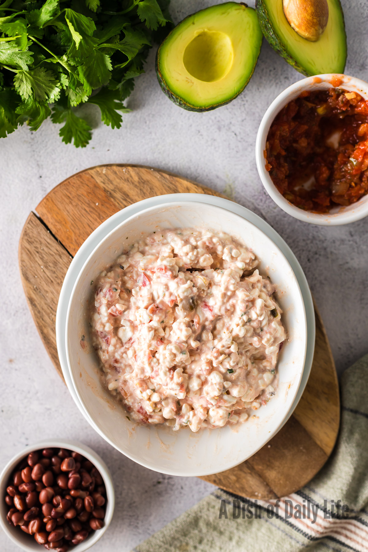 salsa and cottage cheese mixed in a bowl