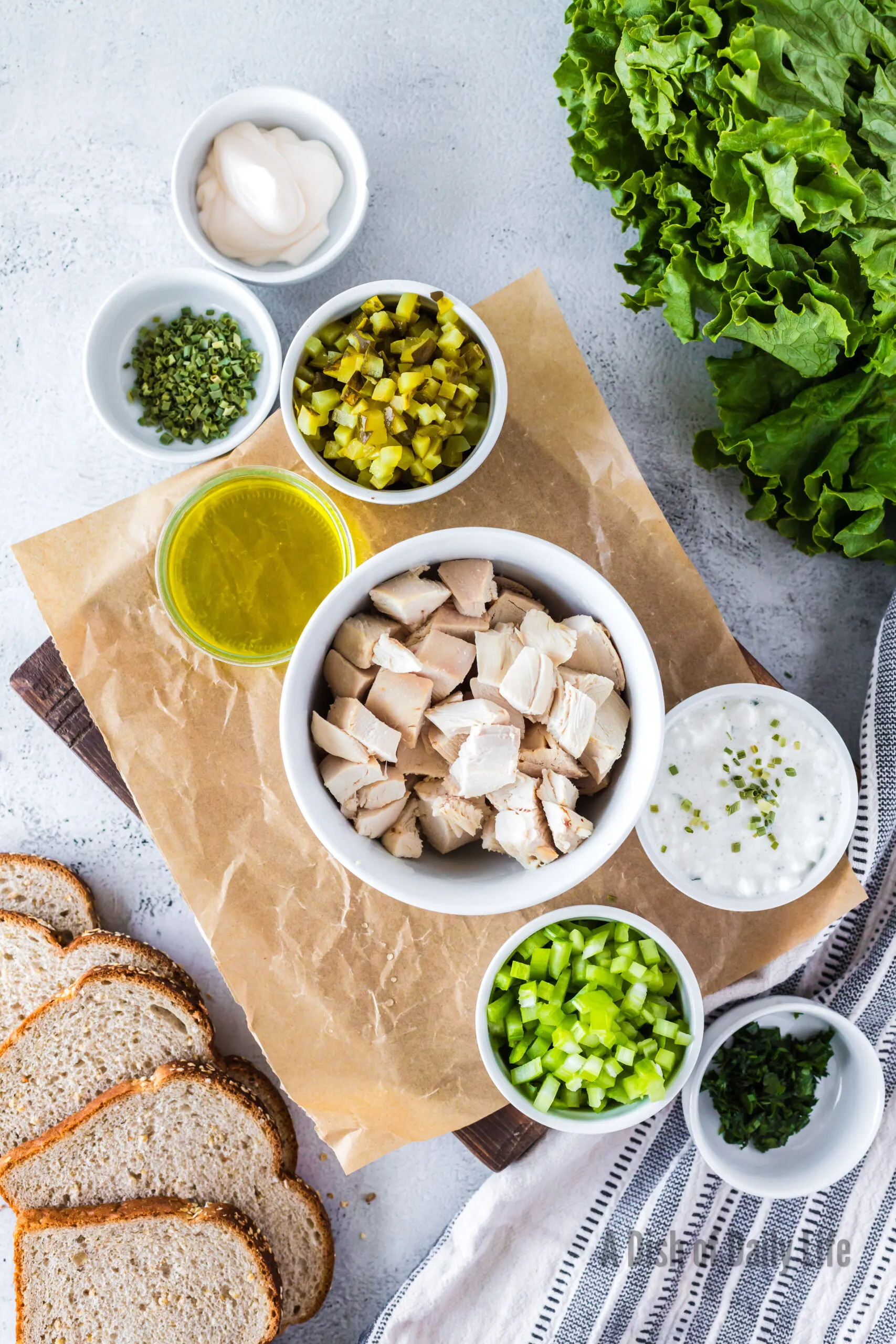 All ingredients for cottage cheese chicken salad laid out on counter