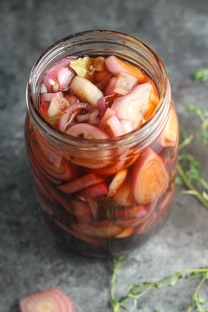 Pickled Shallots can be used interchangeably anywhere pickled onions can be used...on carnitas or fish tacos, sandwiches or salads, or even Swedish meatballs! #condiment #pickles