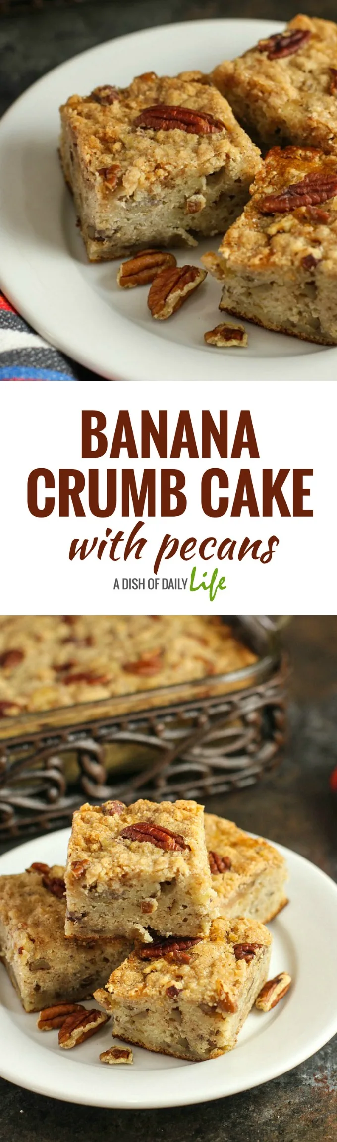 Banana Crumb Cake with Pecans...an absolutely delicious cross between banana bread and crumb cake! Dress it up with a scoop of ice cream or enjoy it as an anytime treat! Your family and friends will be asking you for the recipe!