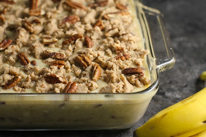 Banana Crumb Cake with Pecans, ready to go in the oven