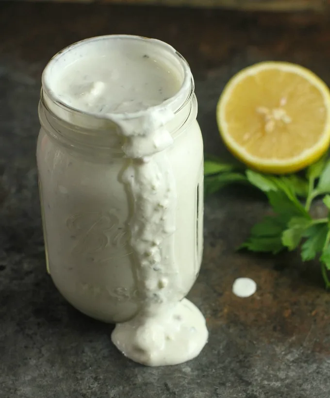 The BEST Blue Cheese Dressing EVER! Perfect topping for this Wedge Salad starter in this elegant dinner party menu. 