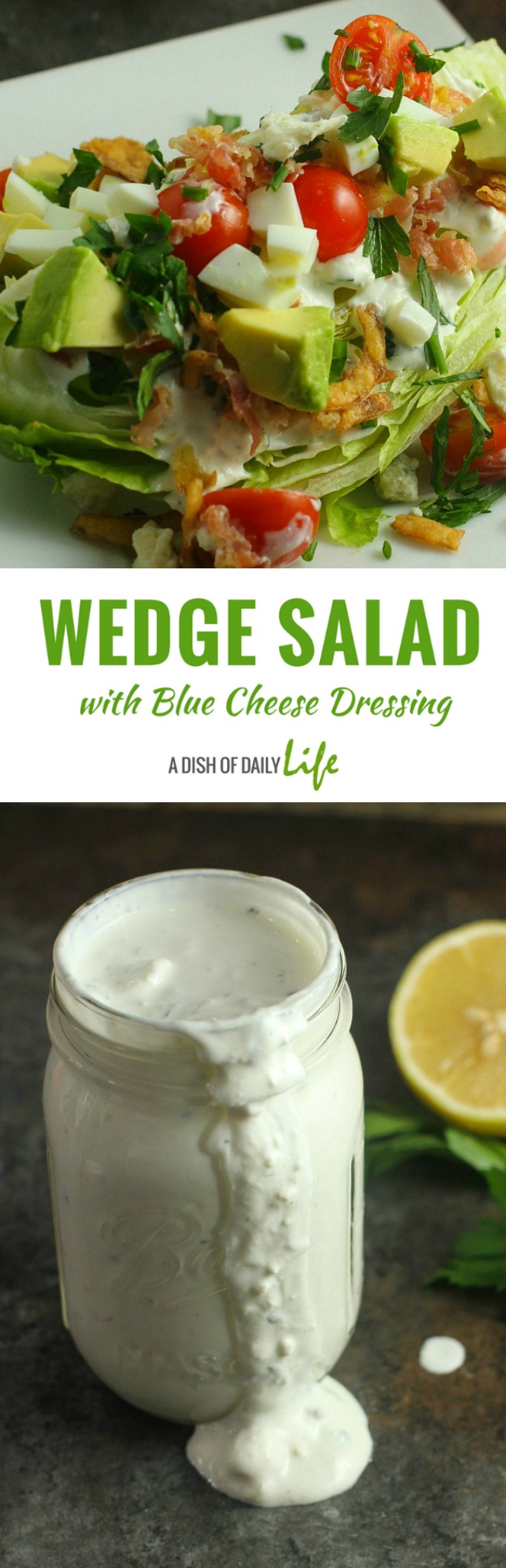 This Wedge Salad is topped with the most AH-MAZING Blue Cheese Dressing in this elegant dinner party menu! #salad #WedgeSalad #BlueCheeseDressing