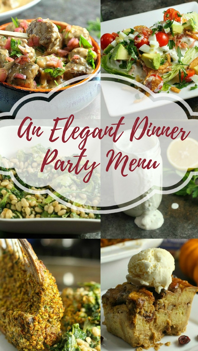 Hosting a dinner party this holiday season? I've put together an easy show-stopping elegant dinner party menu for you that will definitely impress your friends and family! Includes Swedish Meatballs, a Wedge Salad with the BEST Blue Cheese Dressing EVER, Herb & Pistachio Crusted Lamb Rack with Escarole and White Beans, and Pumpkin, Pecan and Cranberry Bread Pudding.