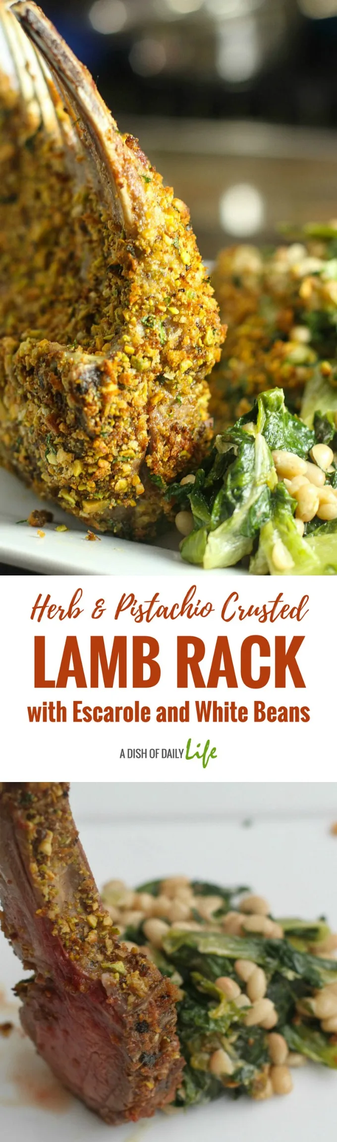 Herb & Pistachio Crusted Lamb Rack with Escarole and White Beans...friends and family will never guess how easy this delicious recipe is to make! If you're looking for a show-stopping main dish for an elegant dinner party menu, this is it! #lamb #maindish #dinner