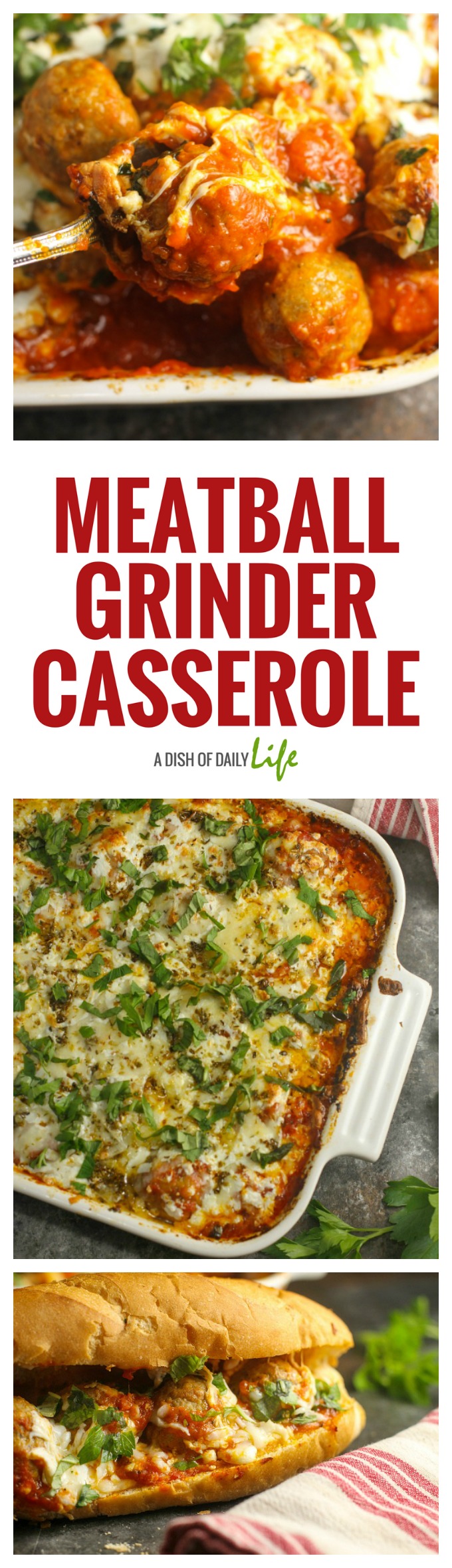 This 30 minute Meatball Grinder Casserole is perfect for easy weeknight dinners! Plus you can turn it into an extra meal by making some pasta and topping it with your meatball casserole, or turning it into a meatball grinder!