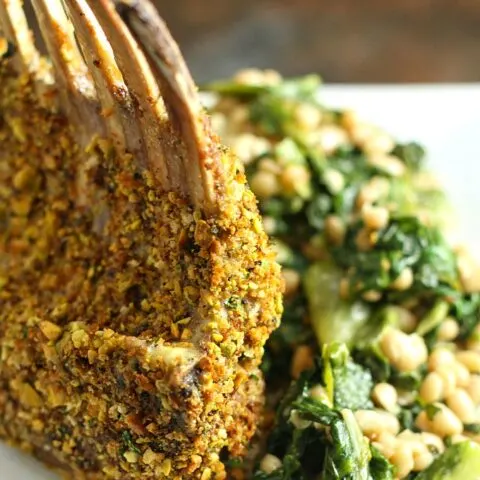 Herb & Pistachio Crusted Lamb Rack with Escarole and White Beans