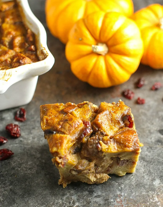 Pumpkin, Pecan and Cranberry Bread Pudding...this fun and festive dessert is the perfect finishing touch to this elegant dinner party menu for the holidays! #breadpudding #dessert #pumpkin